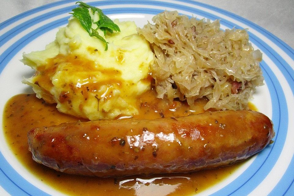 Sausages in Beer Gravy Authentic German Recipe • Easy Recipe